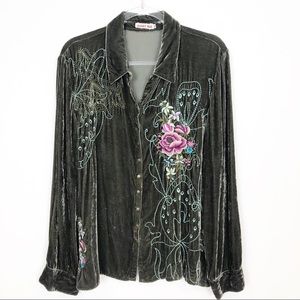 JOHNNY WAS GREEN VELVET EMBROIDERED BLOUSE